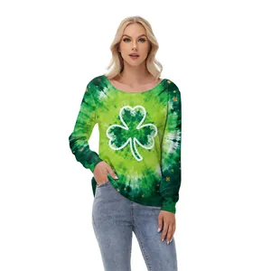 Women St. Patrick's Day off-shoulder top with green tie-dye shamrock print clover
