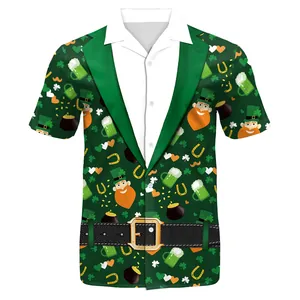 Saint Patrick's Day men's short sleeve shirt featuring Irish shamrock and tuxedo print