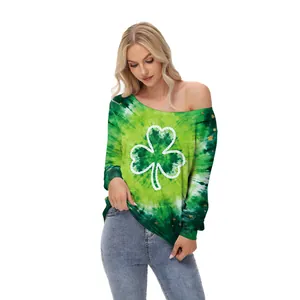 Women's St. Patrick's Day off-shoulder top with clover print and green tie-dye long sleeves