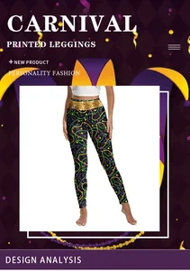 Detail of Mardi Gras leggings featuring colorful bead prints and gold sequined waistband