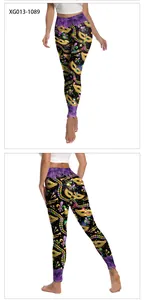 Detailed views of Mardi Gras leggings with golden masks and purple feathers print