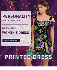 Close-up of Carnival themed digital print dress with golden masks and purple feathers