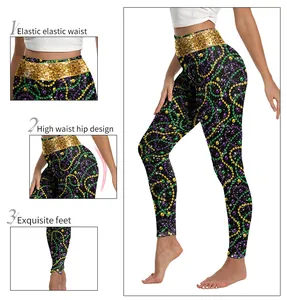 Detail view of Mardi Gras printed yoga leggings showing high waist and sequin patterns