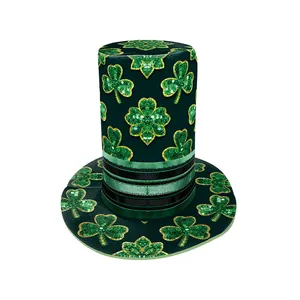 St. Patrick's Day green top hat with 3D clover sequins and black ribbon band detail