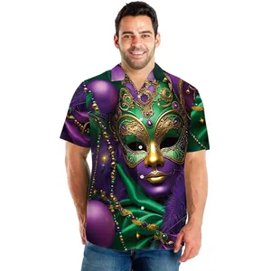 Men's short sleeve shirt with 3D Mardi Gras mask and purple feather digital print