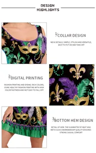 Detail of Mardi Gras dress showing digital floral print, neckline and pleated hem