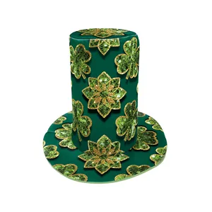 Saint Patrick's Day green sequin top hat with 3D clover print for festival party wear