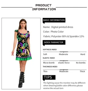 Digital printed dress detail showing material specs of 88% polyester and 12% spandex fabric