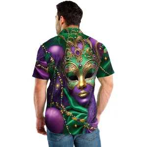 Men's summer Hawaiian shirt with 3D Mardi Gras mask and purple feather digital print
