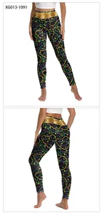 Front and back view of Mardi Gras yoga pants with purple green and gold beads print
