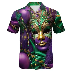Men's Mardi Gras short sleeve shirt featuring purple and gold 3D mask digital print
