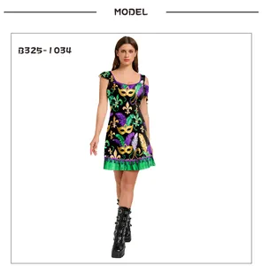 Detail of Mardi Gras print dress featuring carnival masks, feathers and green ruffle hem