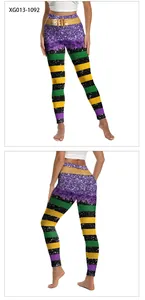 Detail view of Mardi Gras leggings with purple sequins and green striped prints