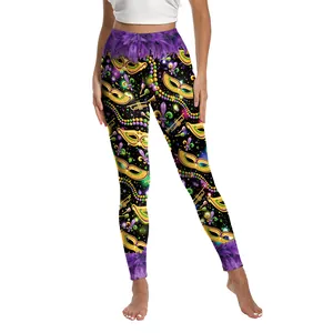 Mardi Gras Mask Fleur De Lis 3D Digital Print Leggings High Waist Stretchy Yoga Pants Purple Green Gold Party Tights Women