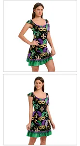 Close-up of Mardi Gras dress featuring digital mask prints and green ruffled hemline detail