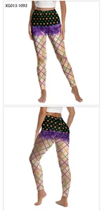 Front and back detail of high waist yoga leggings with gold fleur-de-lis and bead pattern