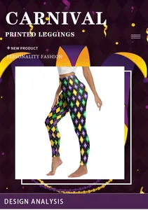 Detail of high-waisted Mardi Gras leggings with purple and green fleur-de-lis diamond pattern