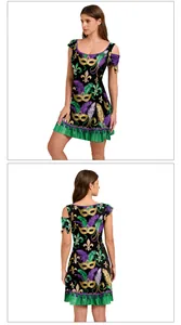 Detail of cold shoulder dress featuring Mardi Gras prints and green ruffled hemline