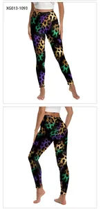 Front and back view of high-waist yoga leggings with colorful leopard print patterns