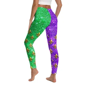 Mardi Gras high waist leggings with gold fleur-de-lis prints and sequin texture back view