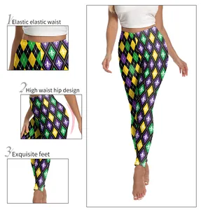 Detailed views of high waist Mardi Gras leggings with purple and green diamond pattern