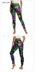 Front and back view of high-waisted yoga leggings with colorful sequin stripe 3D prints