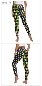 Detail of high-waist Mardi Gras leggings with harlequin pattern and fleur-de-lis prints