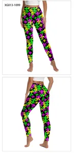 Detail view of high-waisted leggings with colorful fleur-de-lis digital printing patterns