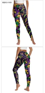 Detail view showing front and back of Mardi Gras fleur-de-lis print yoga leggings
