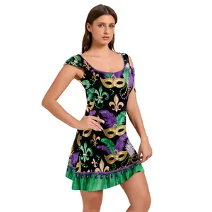 Women's Mardi Gras sleeveless dress with mask feathers fleur-de-lis and green ruffle hem