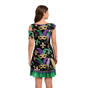 Women's Mardi Gras dress with digital mask and feather print on black fabric