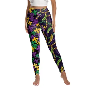 Women's Mardi Gras high waist leggings with purple green and gold fleur-de-lis print