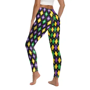 Women's high waist Mardi Gras leggings with purple and gold fleur-de-lis pattern