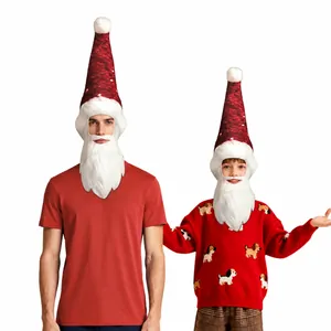 Funny Christmas Santa Claus Hat With Long White Beard Novelty Costume Mask For Adult Kids Stage Performance Red Sequin Hat Props