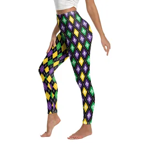 Women's Mardi Gras high-waisted leggings with purple green gold diamond fleur-de-lis print
