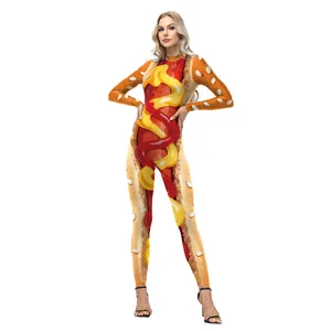 Combinaison Hot-Dog Drôle Impression 3D pour Femmes Manches Longues Col Montant Coupe Slim Body de Cosplay pour Fête d'Halloween