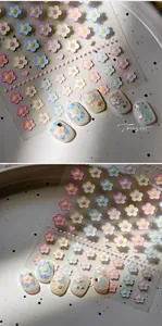 Detailed 5D embossed nail art stickers with colorful macaron flower designs for DIY manicure