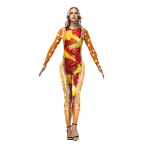 Combinaison imprimée hot-dog 3D pour femme, tenue complète avec motifs moutarde et ketchup