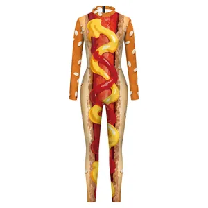 Body à manches longues pour femmes avec imprimé 3D hot-dog amusant pour cosplay