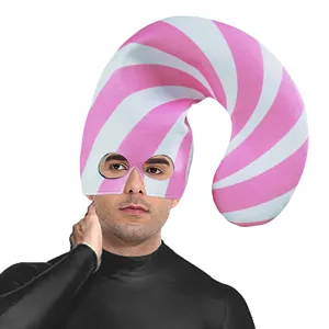 Pink and white striped candy cane plush elf hat for festive Christmas costume parties