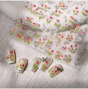 Detail of 3D tulip nail stickers M-1006 with red flowers and white lace patterns