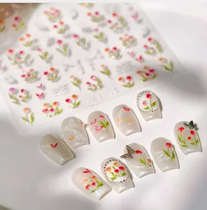 Detail of tulip and butterfly nail stickers with pearlescent manicured finish