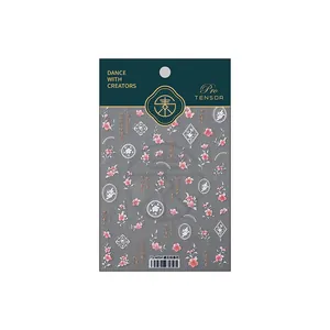 5D embossed hibiscus flower nail stickers with Chinese calligraphy art and dark green header