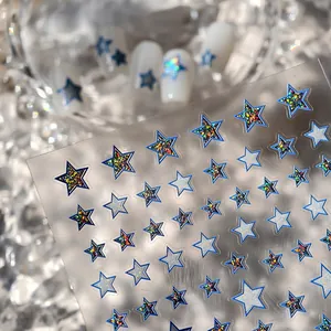 Stickers à ongles étoiles bleues holographiques avec paillettes argentées brillantes