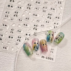 3D water drop bubble nail stickers with cartoon eye patterns on colorful gradient tips