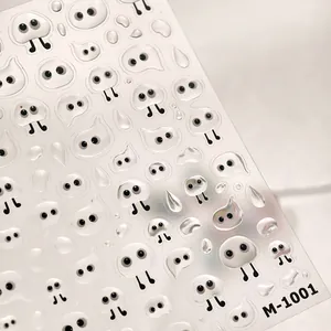 3D embossed water drop nail art stickers with cute cartoon characters and gold accents