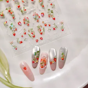 5D Embossed Strawberry Nail Stickers Sweet Floral Bow Self-Adhesive Nail Decals For Women DIY Nail Art Decoration M-993