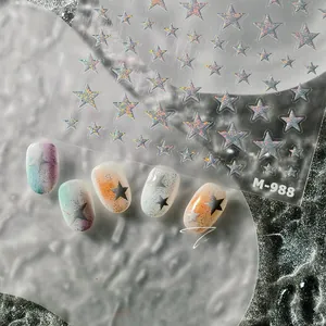 Detailed view of M-988 laser silver star nail stickers with macaron gradient effect
