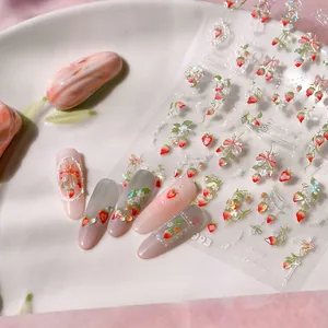 5D strawberry and floral nail art stickers with sweet pink bows for summer manicure deco