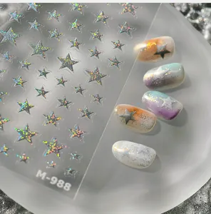 Macro view of holographic star nail stickers M-988 showing silver laser effect on nails